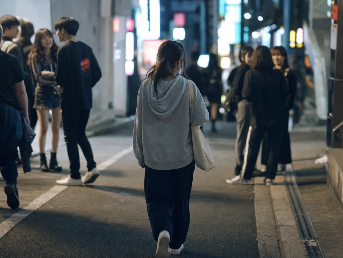 夜の道玄坂をひとりで歩く女性