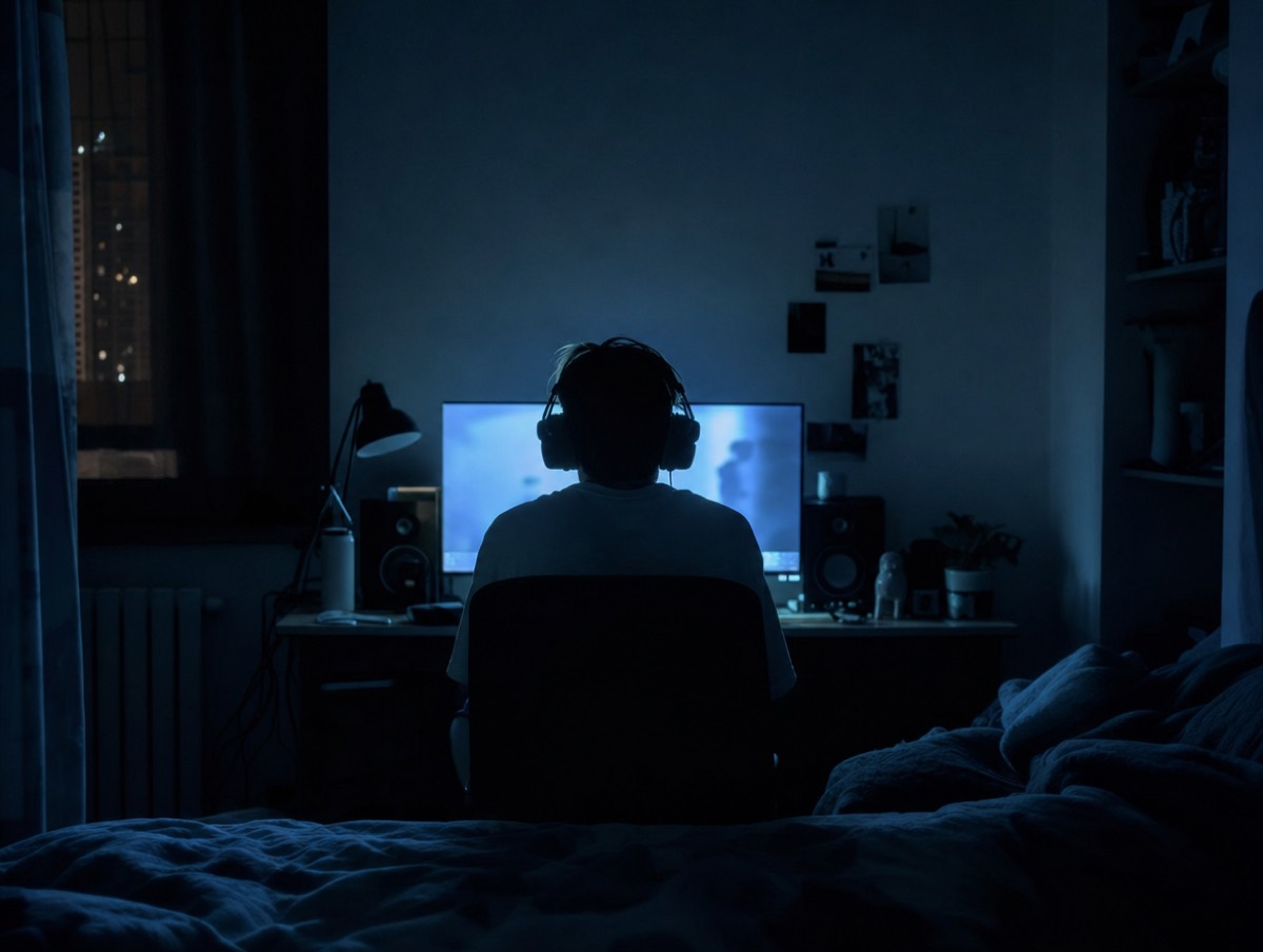 深夜の部屋でヘッドホンをつける男性