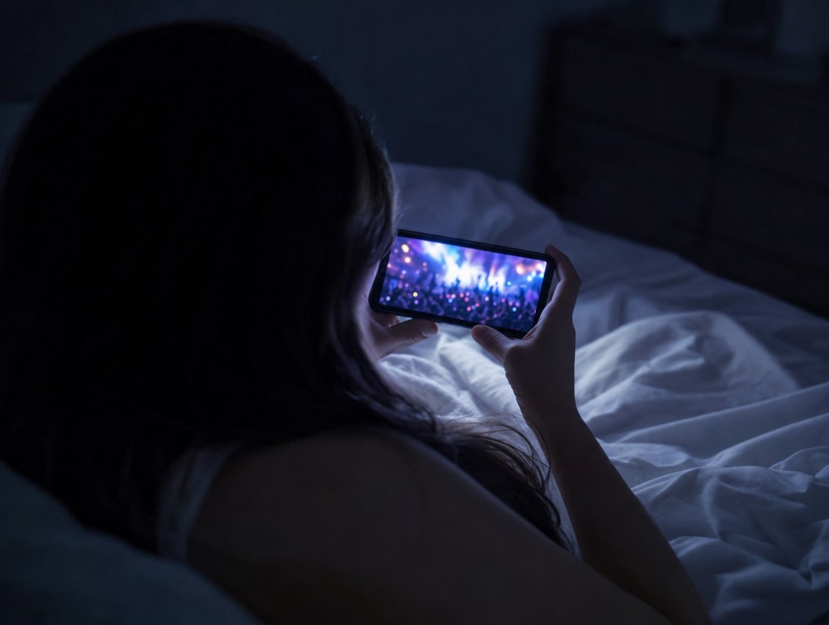 ベッドでスマホを眺める女性